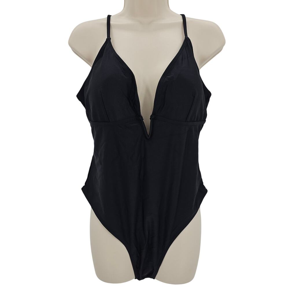 American Trends Womans size XL Deep V-Neck Cheeky One Piece Swimsuit Black NWOT
